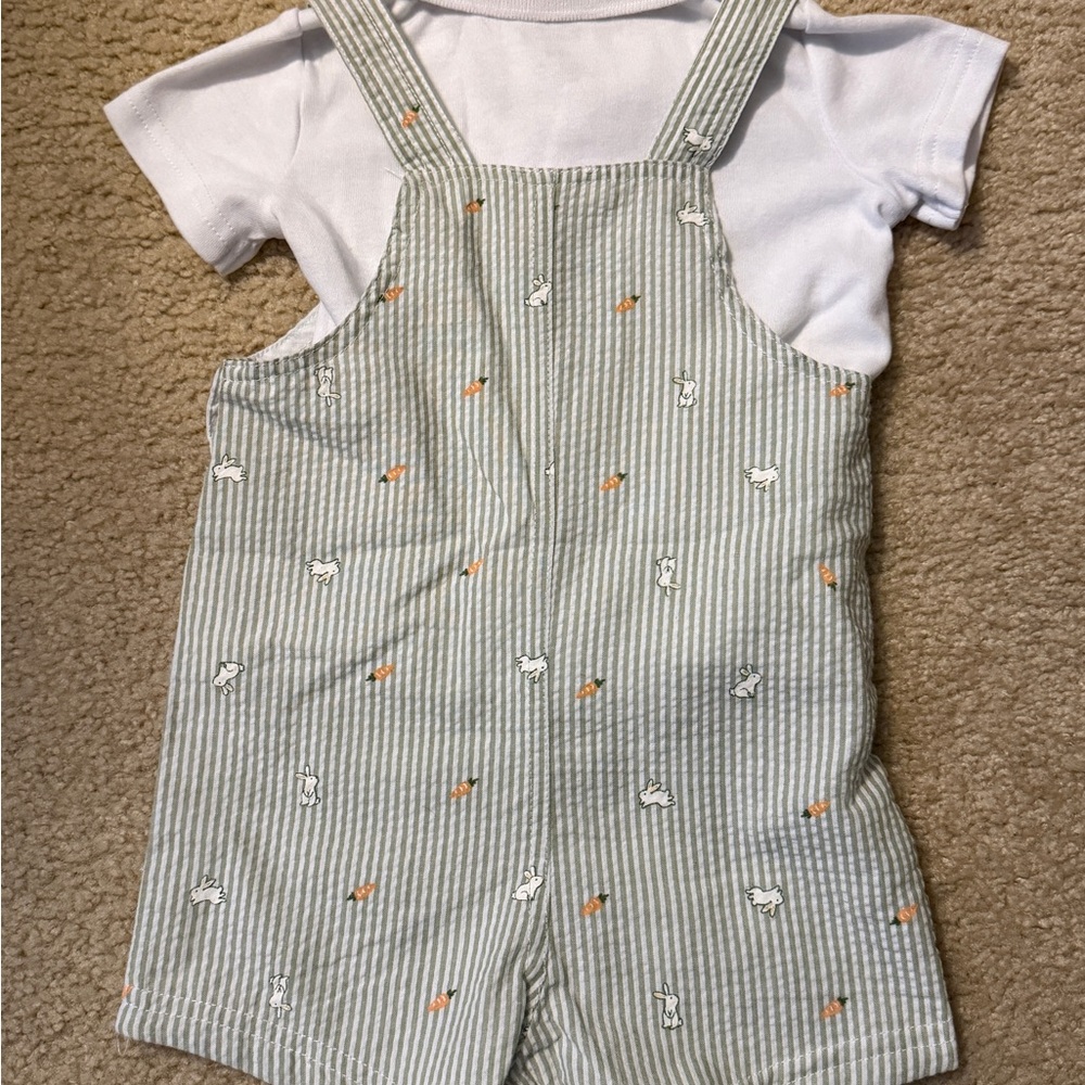 Baby Essentials NWOT Green Striped Bunny Overalls Romper with White Shirt, 12m - Picture 4 of 6